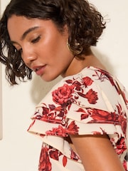 Friends Like These Rose Print Petite Short Ruffle Sleeve Round Neck Blouse - Image 4 of 5