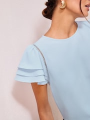 Friends Like These Blue Petite Short Ruffle Sleeve Round Neck Blouse - Image 2 of 4