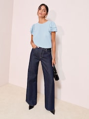 Friends Like These Blue Petite Short Ruffle Sleeve Round Neck Blouse - Image 3 of 4