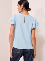 Friends Like These Blue Petite Short Ruffle Sleeve Round Neck Blouse - Image 4 of 4