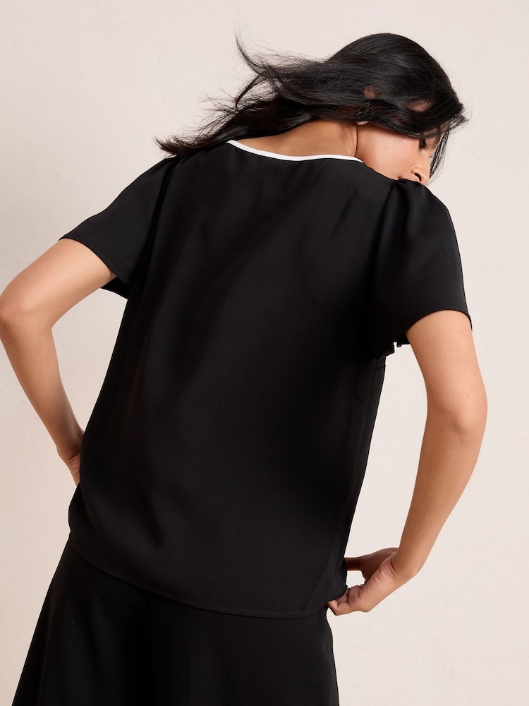 Friends Like These Black Petite Short Angel Sleeve Tipped Trim Blouse - Image 4 of 4