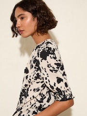 Friends Like These Mocha Print Petite Short Sleeve Shirred Cuff Blouse - Image 2 of 4