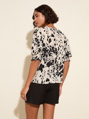 Friends Like These Mocha Print Petite Short Sleeve Shirred Cuff Blouse - Image 4 of 4