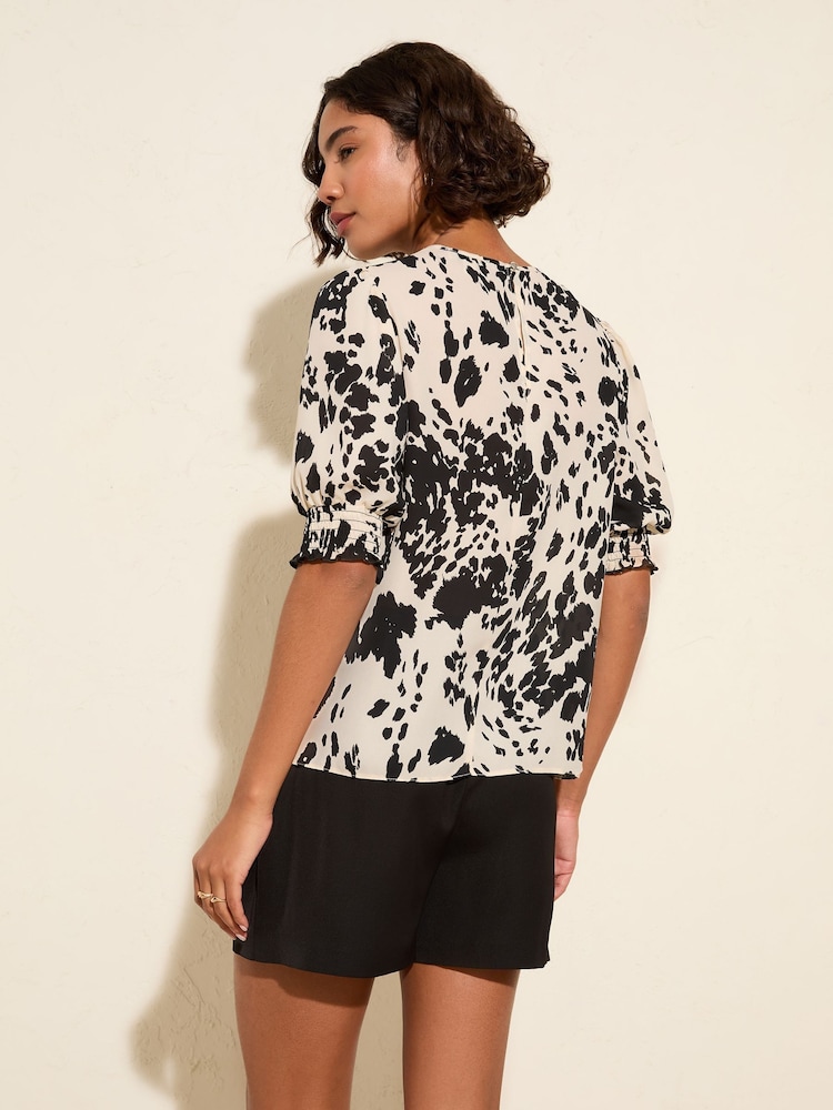Friends Like These Mocha Print Petite Short Sleeve Shirred Cuff Blouse - Image 4 of 4