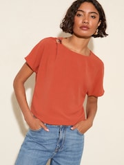 Friends Like These Orange Petite Short Sleeve Blouse With Gold Detail - Image 1 of 4