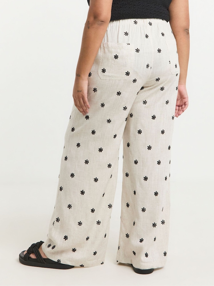 Simply Be White Embroidered Tie Waist Wide Leg Trousers - Image 2 of 5