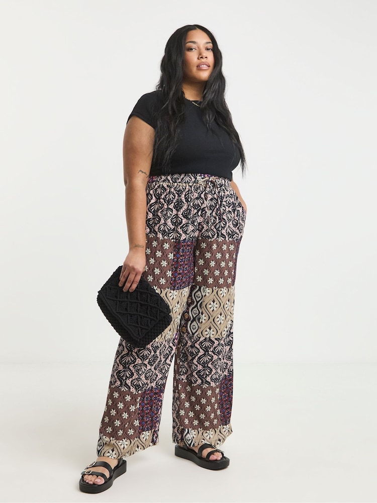 Simply Be Light Natural Wide Fit Tie Waist Crinkle Wide Leg Trousers - Image 1 of 4