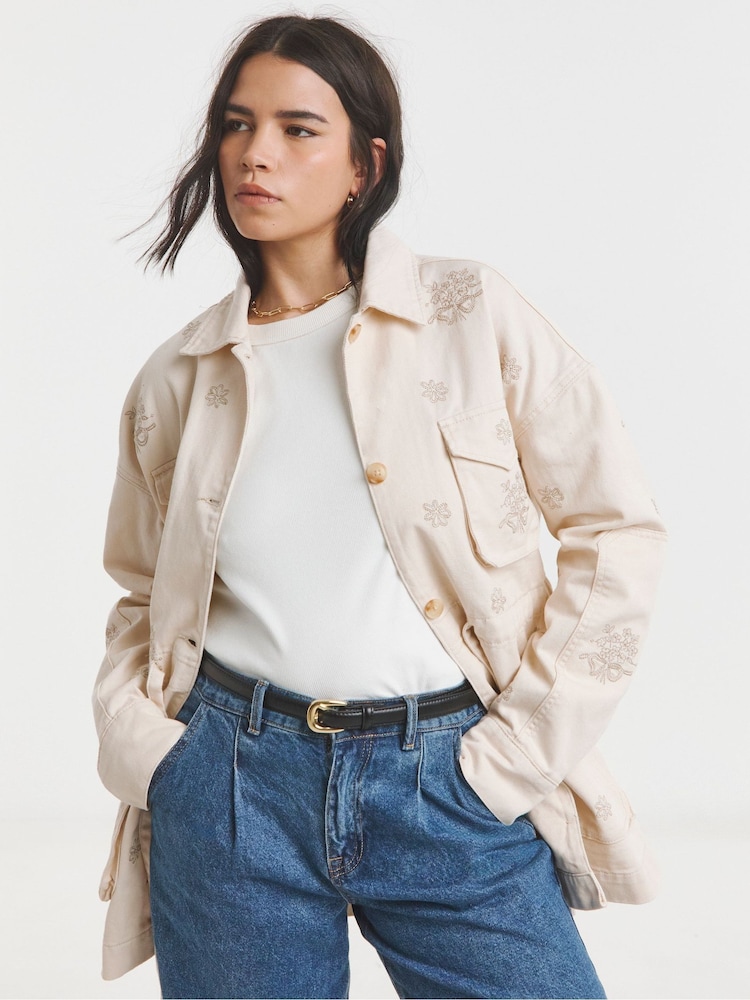 Simply Be Natural Floral Embroidered Utility 100% Cotton Jacket - Image 1 of 4