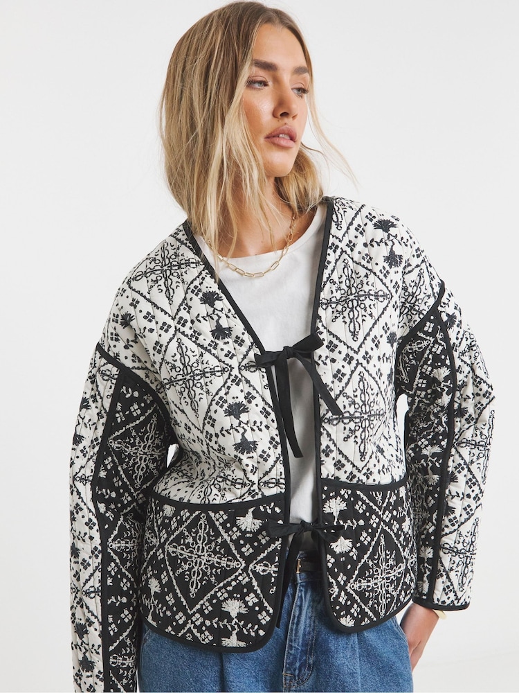 Simply Be Black Printed Tie Front Jacket - Image 1 of 4