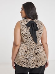 Simply Be Brown Waffle Bow Back Peplum Top - Image 2 of 4