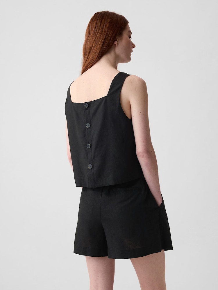 Gap Black Linen Blend Button Back Cropped Vest Top - Image 2 of 4
