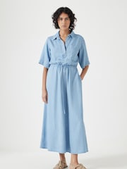 Hush Blue Short Sleeve Chambray Midi Shirt Dress - Image 1 of 5