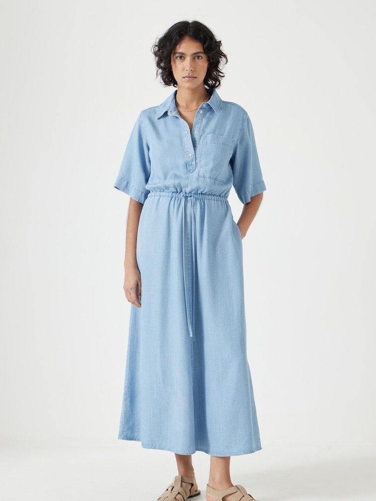 Hush Blue Short Sleeve Chambray Midi Shirt Dress - Image 1 of 5