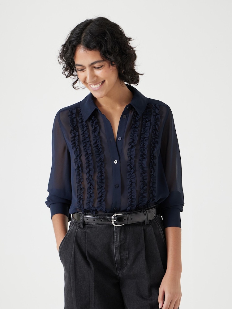 Hush Blue Long Sleeve Ruffle Sheer Shirt - Image 1 of 5