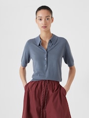 Hush Blue Fine Knit Short Sleeve Polo Top - Image 1 of 5