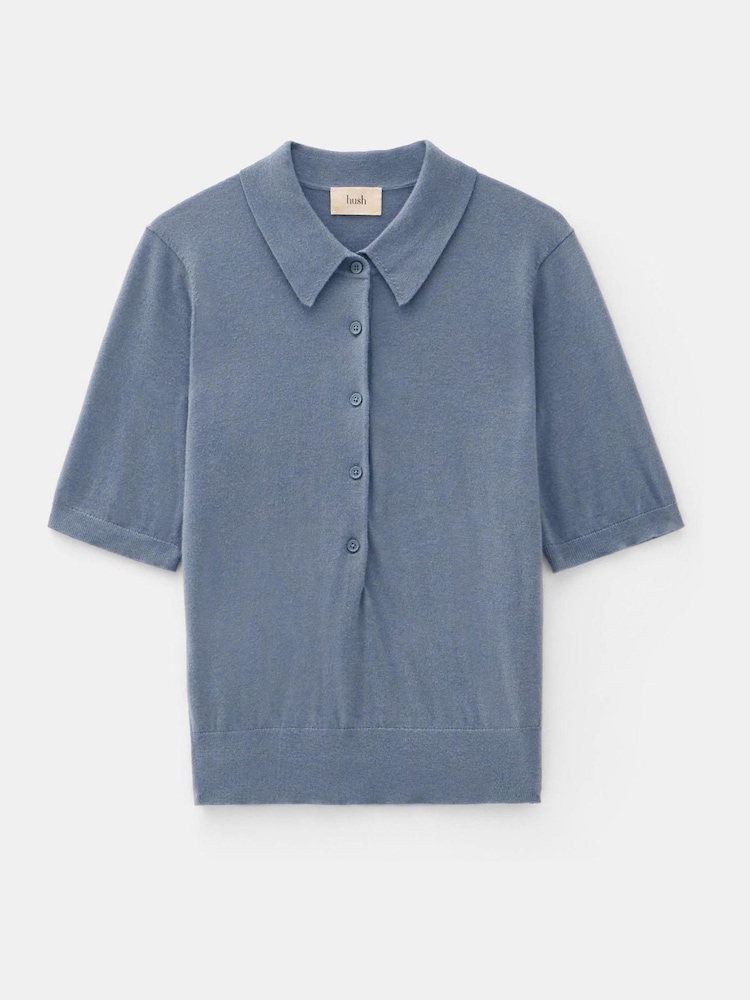 Hush Blue Fine Knit Short Sleeve Polo Top - Image 5 of 5