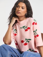 Simply Be Pink Fruit Print Half Sleeve Knitted Jumper - Image 1 of 4