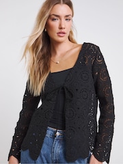 Simply Be Black Crochet Tie Front Cardigan - Image 1 of 5