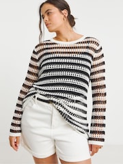 Simply Be White Hole Knit Stripe Tunic - Image 1 of 4