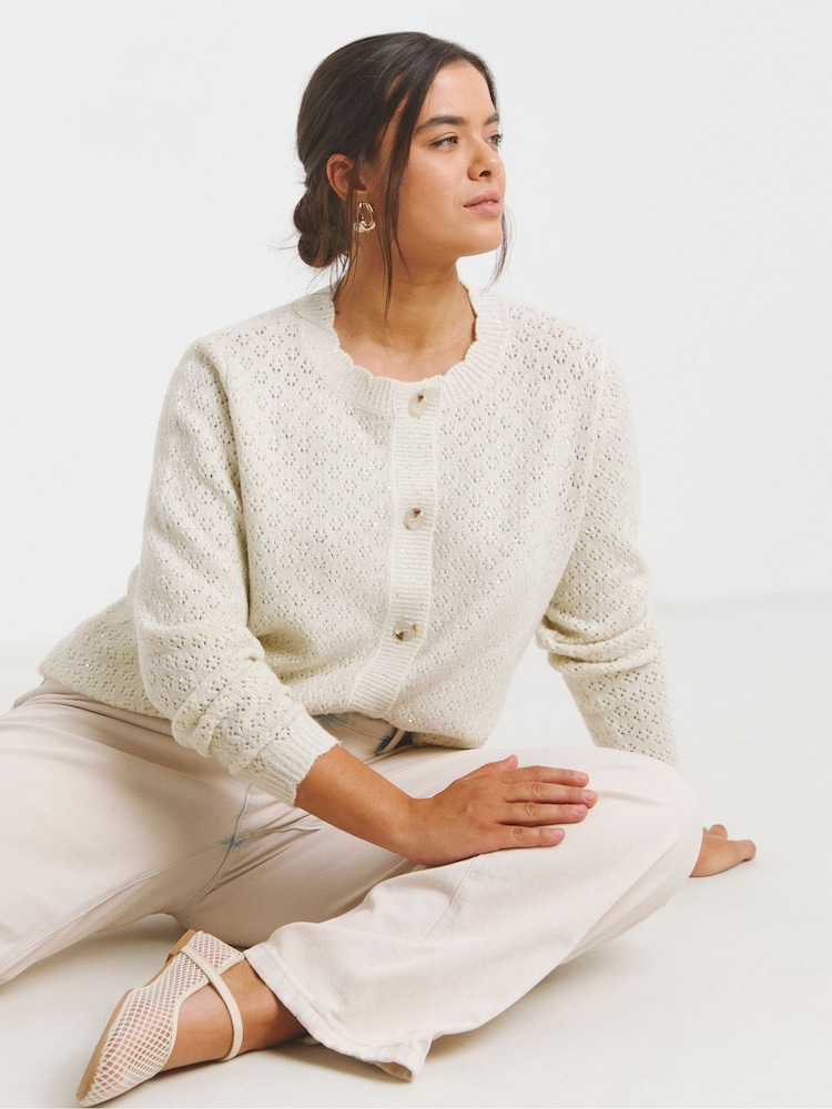Simply Be White Sequin Scalloped Cardigan - Image 1 of 4