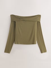 Verde caqui - Off-The-Shoulder Twist Long Sleeve Top with TENCEL™ Lyocell - Imagen 6 de 8