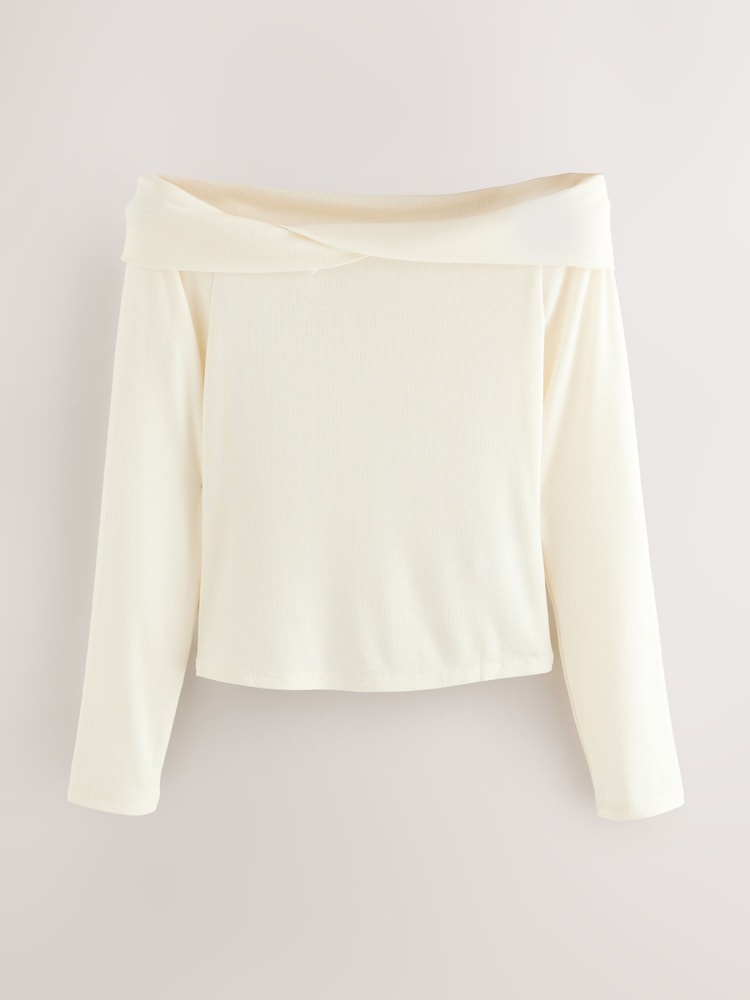 Ecru Off-The-Shoulder Twist Long Sleeve Top with TENCEL™ Lyocell - Image 1 of 3