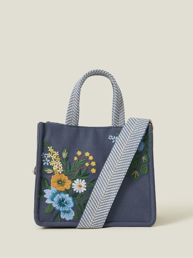 Accessorize Blue Mini Floral Embroidered Cotton Handbag - Image 1 of 2