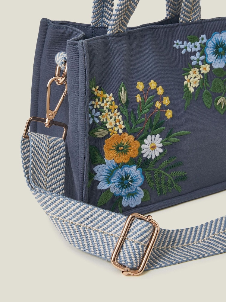 Accessorize Blue Mini Floral Embroidered Cotton Handbag - Image 2 of 2