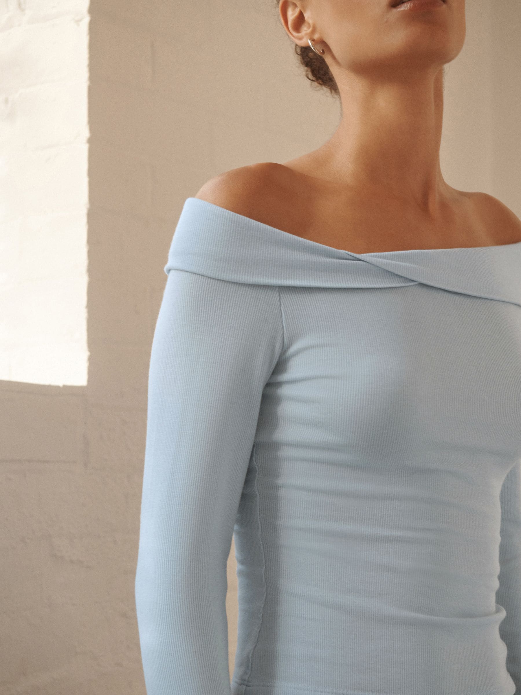 Buy Blue Off-The-Shoulder Twist Long Sleeve Top with TENCEL