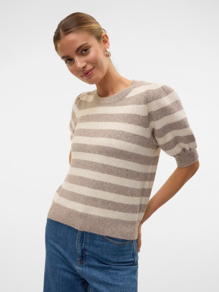 VERO MODA Natural Round Neck Puff Sleeve Knitted Jumper - Image 1 of 6