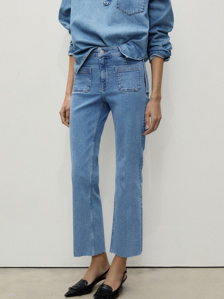 Mango Blue Cropped Flared Jeans - Image 1 of 7 Mango Blue Cropped Flared Jeans - Image 1 of 7