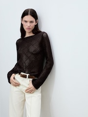 Mango Chocolate Brown Openwork Knit Crochet Cotton Sweater - Image 1 of 6