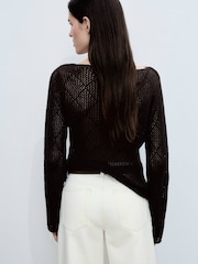 Mango Chocolate Brown Openwork Knit Crochet Cotton Sweater - Image 2 of 6