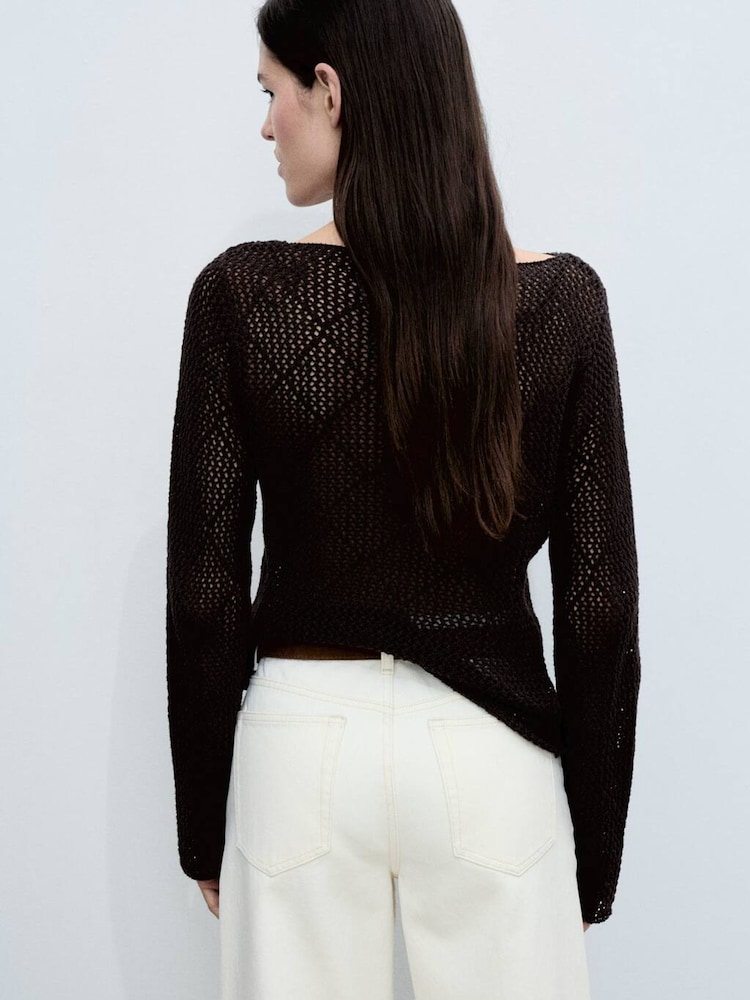 Mango Chocolate Brown Openwork Knit Crochet Cotton Sweater - Image 2 of 6