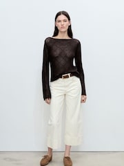 Mango Chocolate Brown Openwork Knit Crochet Cotton Sweater - Image 3 of 6