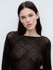 Mango Chocolate Brown Openwork Knit Crochet Cotton Sweater - Image 4 of 6