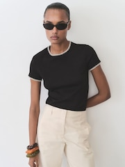 Mango Black Stripe Contrast Trim T-Shirt - Image 1 of 7