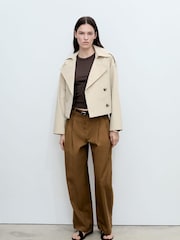 Mango Brown Double Breasted Crop Trench Coat - Image 1 of 7