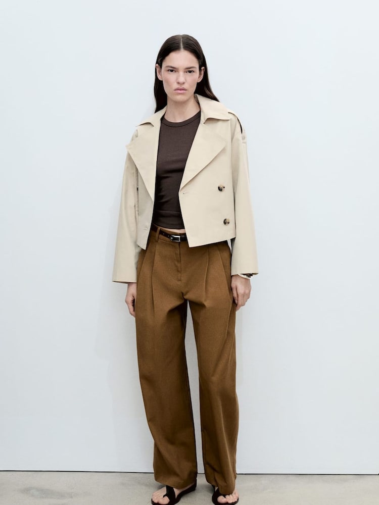 Mango Brown Double Breasted Crop Trench Coat - Image 1 of 7