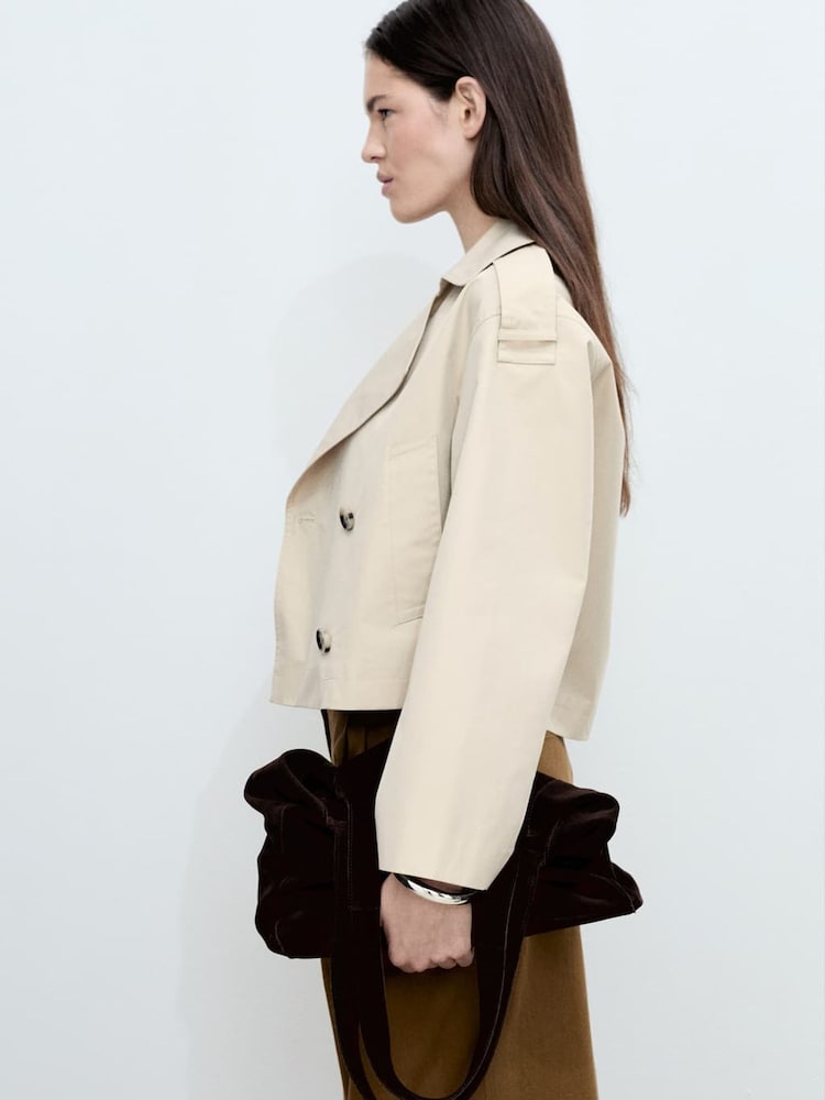 Mango Brown Double Breasted Crop Trench Coat - Image 2 of 7