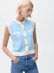 Mango Blue Jewel Button Contrast Knit Waistcoat - Image 1 of 7