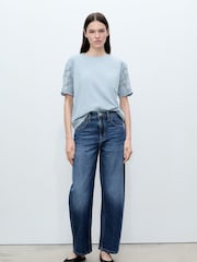 Mango Blue Crochet Sleeve Cotton T-Shirt - Image 1 of 5