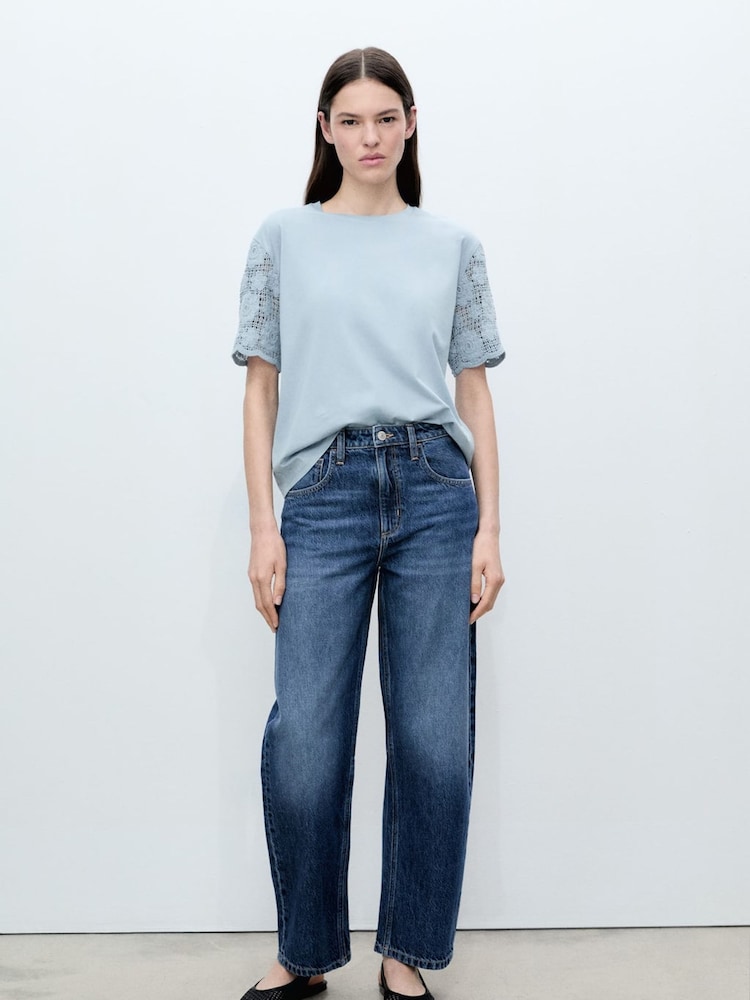Mango Blue Crochet Sleeve Cotton T-Shirt - Image 1 of 5 Mango Blue Crochet Sleeve Cotton T-Shirt - Image 1 of 5