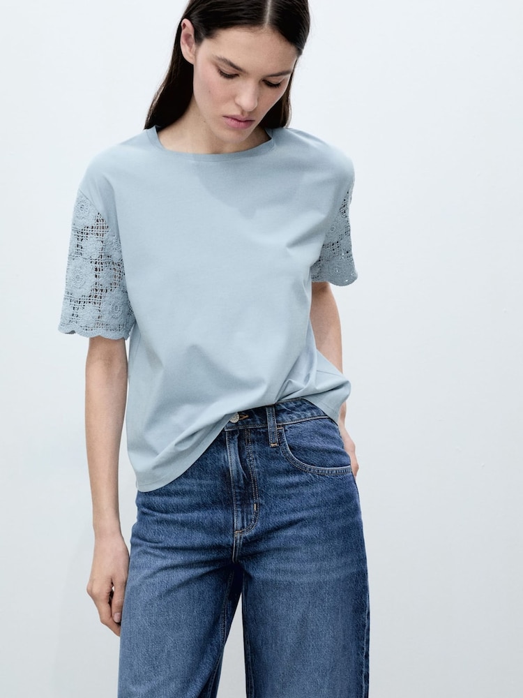 Mango Blue Crochet Sleeve Cotton T-Shirt - Image 2 of 5 Mango Blue Crochet Sleeve Cotton T-Shirt - Image 2 of 5