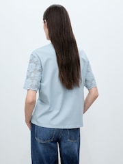 Mango Blue Crochet Sleeve Cotton T-Shirt - Image 3 of 5