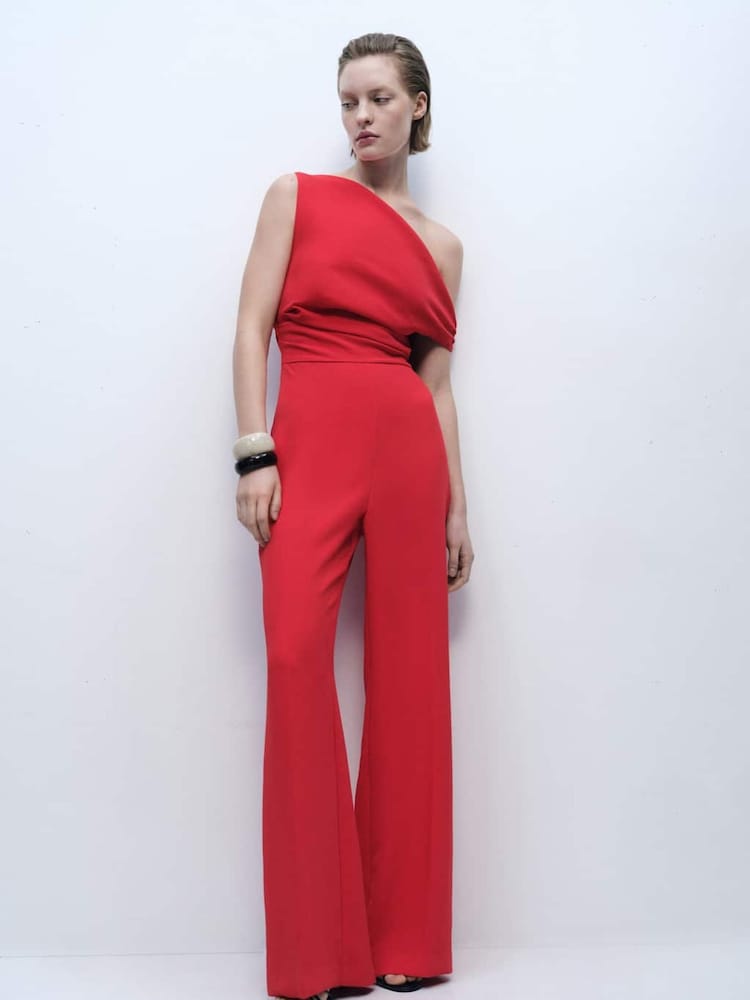 Mango Red Long Asymmetrical Draped Jumpsuit - Image 1 of 4 Mango Red Long Asymmetrical Draped Jumpsuit - Image 1 of 4