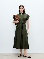Mango Brown Front Pleat Linen Blend Shirt Dress - Image 1 of 6
