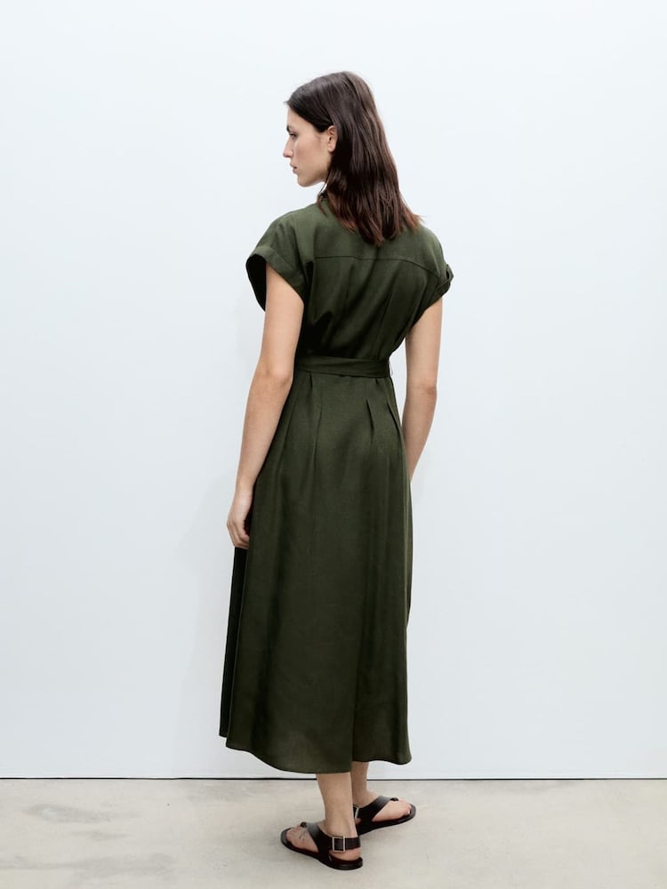 Mango Brown Front Pleat Linen Blend Shirt Dress - Image 2 of 6