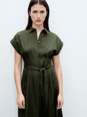 Mango Brown Front Pleat Linen Blend Shirt Dress - Image 3 of 6
