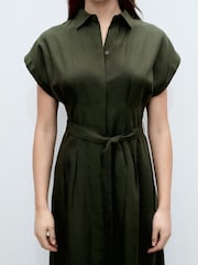 Mango Brown Front Pleat Linen Blend Shirt Dress - Image 4 of 6